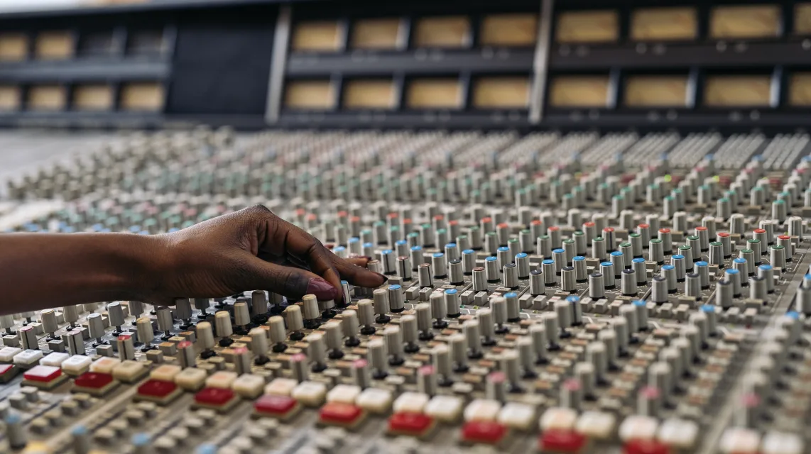Producer listening back to a track at a studio workstation